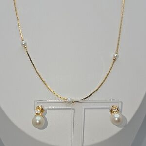 Faux Pearl Gold Set Earrings Studs and Chain 17''